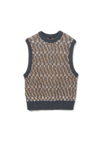 Chaleco de punto sin mangas con un patrón tejido en beige, gris y gris claro. El cuello y el dobladillo acanalados añaden textura y detalle.