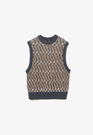 Gilet senza maniche in maglia con una trama intrecciata nei toni beige, grigio e grigio chiaro. Il collo e l'orlo a costine aggiungono texture e dettaglio.