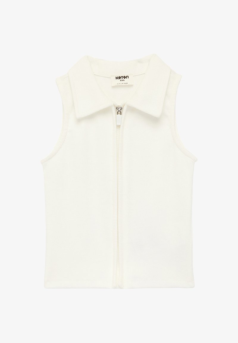 Hvidærmeløs vest til børn med krave og lynlås foran, lavet af Koton Kids, i størrelse 6-7 år.