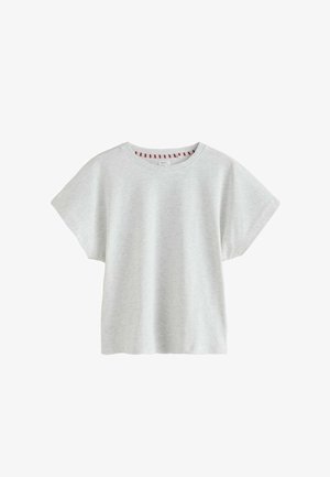 Light gray cotton T-shirt with a loose fit, short sleeves, and a striped neckline detail in pink and navy. Soft texture and casual design.