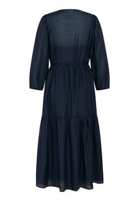 Navyblaues Kleid mit langen Puffärmeln, strukturiertem Stoff, tailliertem Design und gestuftem Rock. Die Rückseite weist ein dezentes offenes Paneeldesign auf.
