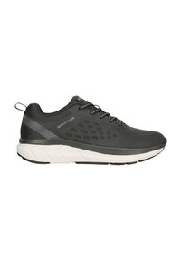 Schwarzer Sportschuh mit weißer Sohle, Obermaterial aus Mesh, Schnürsenkeln und "IMPACT ABS"-Text an der Seite.