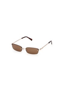 Occhiali da sole rettangolari con lenti marroni, sottili montature in metallo dorato e aste con dettagli in tartaruga. Presentano un motivo a stella sui lati.