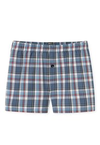 Boxer blu e grigi a quadri con cintura elastica, dotati di un singolo bottone nero e una texture in cotone liscia.