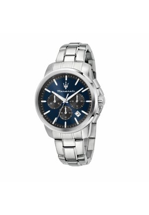 Orologio da polso Maserati in acciaio inossidabile argentato con quadrante blu, tre quadranti secondari neri, finestra della data e indici e lancette argentati.