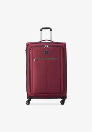Valigia color bordeaux con dettagli neri, tasca verticale con zip e manico retrattile; presenta quattro ruote per la mobilità.
