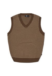 Bruine gebreide vest met V-hals, met een textuurschema van afwisselende lichte en donkere tinten. Ribgebreide zoom en armsgaten.