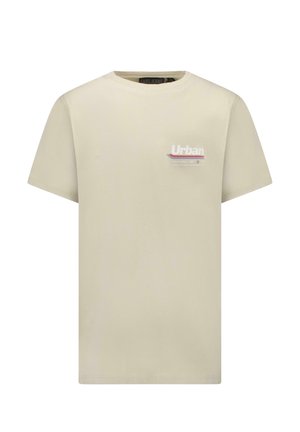 Beige T-shirt met korte mouwen met een klein "Urban" logo en strepen op de linkerborst.