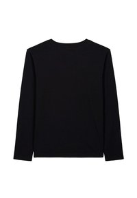 Maglietta nera a maniche lunghe con scollatura rotonda. Texture liscia, design minimale e senza decorazioni o pattern visibili sul retro.