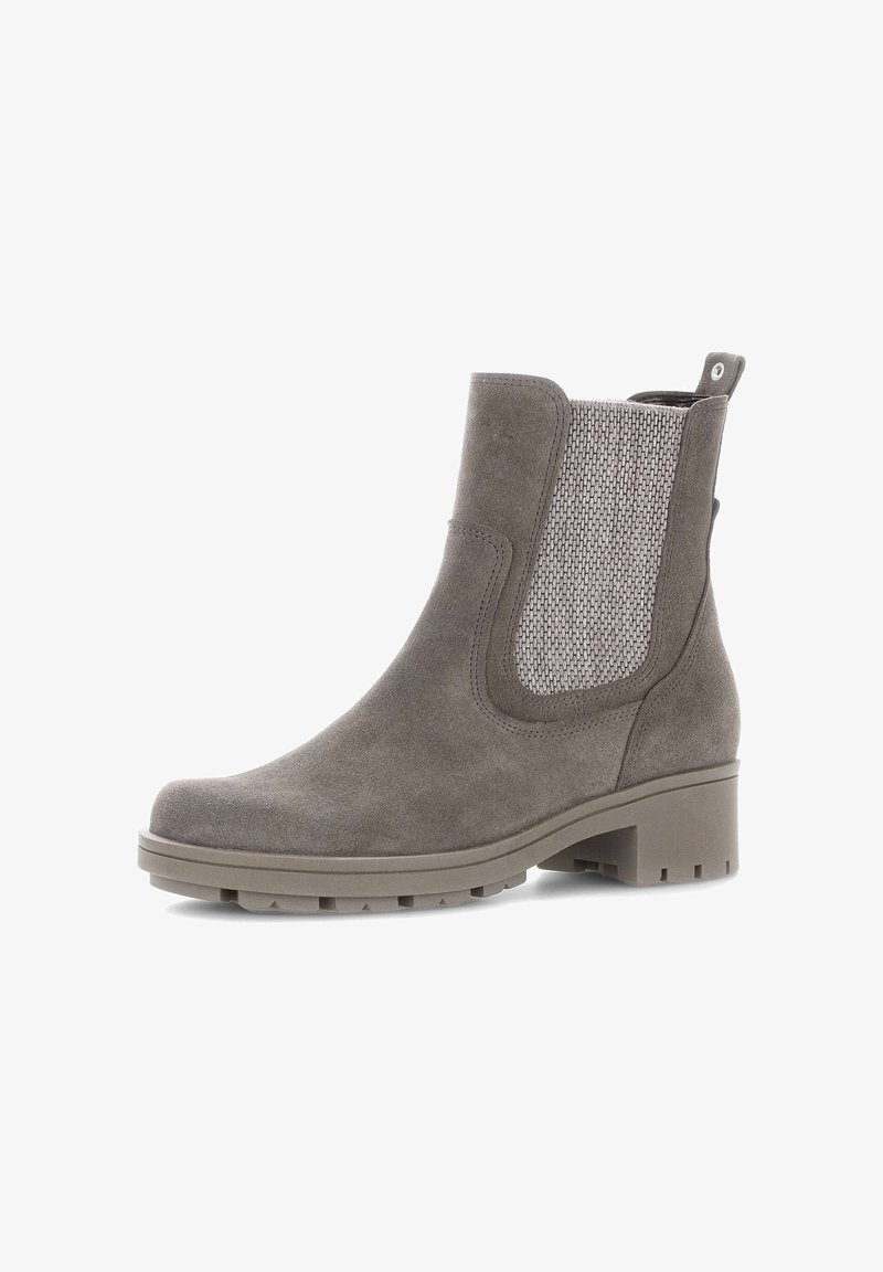 Gray suede ankle boot with elastic side panels and a textured mesh insert. Features a block heel and a rugged rubber sole for traction.