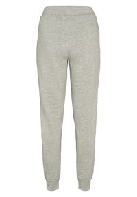 Grå sweatpants i mjukt tyg, med tapered ben design, elastisk midja och muddar. Enkelt och funktionellt stil.