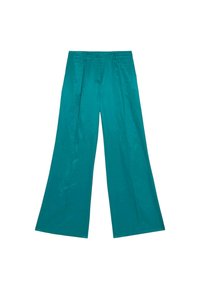 Türkise weit geschnittene Hose aus leichtem Stoff, mit Vorderfalten und einem klassischen Bund mit Knopfverschluss.