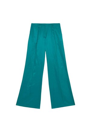 Pantalons larges en teal fabriqués dans un tissu léger, avec des plis à l'avant et une taille classique avec fermeture à bouton.