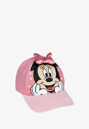 Rosa Baseball-Cap mit Minnie Mouse Grafik, Polka-Dots, Satin-Schleife oben und einem flachen Schirm mit besticktem Logo.