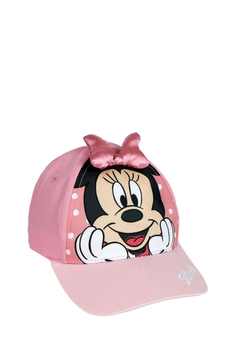 Casquette de baseball rose avec un graphisme de Minnie Mouse, des pois, un nœud en satin sur le dessus et une visière plate avec un logo brodé.