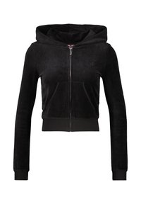 Black, cropped hoodie made of soft material with a zippered front, kangaroo pockets, and a lined hood; features ribbed cuffs and hem.