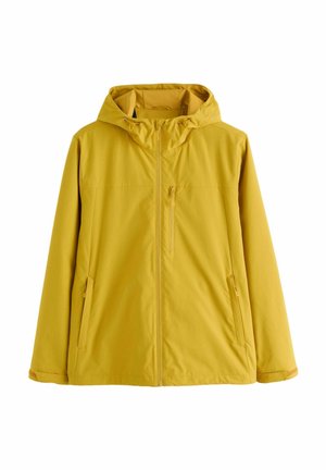 Yellow waterproof hooded jacket with front zipper, two side zip pockets, and one zippered chest pocket, designed for outdoor wear.