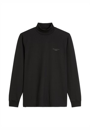 Černý dlouhý rukáv rolák z měkké tkaniny. Obsahuje vysoký límec a malé logo na hrudi. Rovný střih s žebrovanými manžetami.