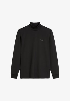 Maglione a maniche lunghe nero con collo alto in tessuto morbido. Presenta un colletto alto e un piccolo logo sul petto. Design dritto con polsini a costine.