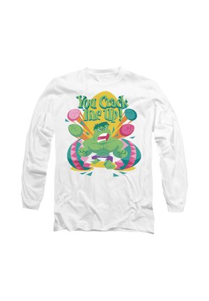 White long-sleeve shirt with a green muscular cartoon character breaking colorful eggshells and text "You Crack Me Up!" above.
