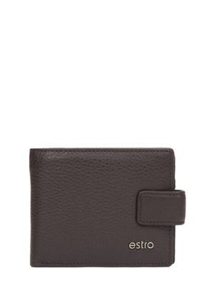 Brown leather wallet with a textured surface, snap closure, and embossed branding "estro" on the front. Compact rectangular shape.