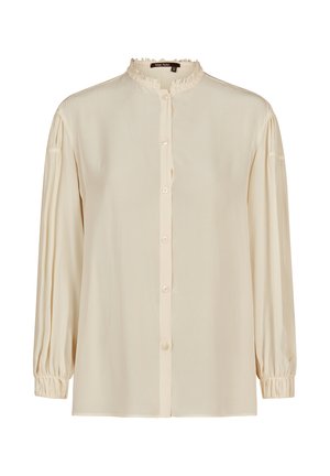 Cremefarbene langärmlige Bluse mit Rüschenkragen, Knopfleiste vorne, gerafften Manschetten und lockerem Schnitt.