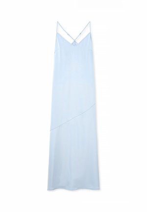 Svetlomodré midi šaty bez rukávov s výstrihom do V, prekrývajúcimi sa ramienkami na chrbte a asymetrickým dizajnom s diagonálnym švom.