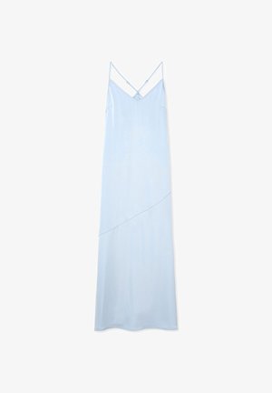 Svetlomodré midi šaty bez rukávov s výstrihom do V, prekrývajúcimi sa ramienkami na chrbte a asymetrickým dizajnom s diagonálnym švom.