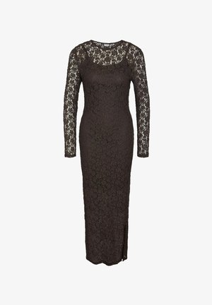 Garums piedurknēm, grīdas garuma kleita tumši brūnā mežģīnē. Iezīmēta ar pieguļošu siluetu, kuplu dekoltē un sānu izgriezumu.