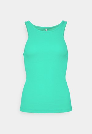 Fitted sleeveless ribbed tank top in bright turquoise with a high round neckline and wide shoulder straps against a plain background.