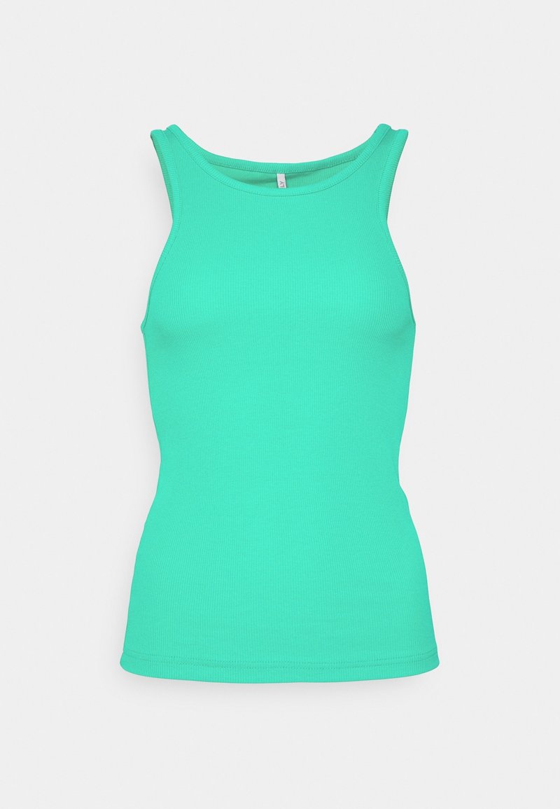 Figurbetontes ärmelloses Ripp-Tanktop in leuchtendem Türkis mit hochgeschlossenem Rundhalsausschnitt und breiten Schulterträgern vor einem schlichten Hintergrund.