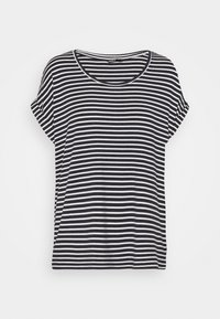 Black and white striped t-shirt with short sleeves, round neckline, and a relaxed fit. Soft fabric with a smooth texture.