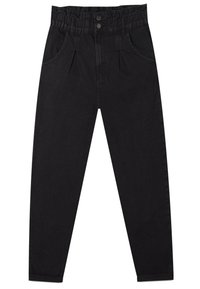Pantaloni in denim neri con una vita alta elastica, pieghe sul davanti, due tasche laterali e un design a gamba affusolata.