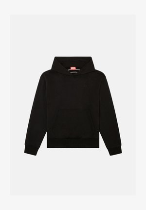 Black hooded sweatshirt made of soft fabric, featuring a front kangaroo pocket, ribbed cuffs, and a small embossed logo on the chest.