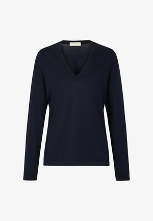 Marineblauwe langemouwen V-hals top gemaakt van een zachte stof, met een relaxte pasvorm en subtiele stikdetails langs de halslijn en zoom.