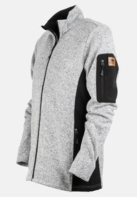 Grau und schwarze Zip-Jacke mit strukturiertem Finish, hohem Kragen und Seitentaschen. Verfügt über eine Reißverschlusstasche am linken Ärmel.