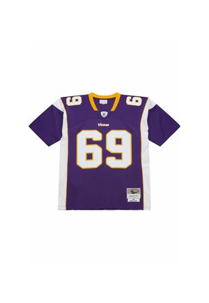 Minnesota Vikings Footballtrikot, lila mit weißen und gelben Akzenten, Nummer 69, Namensschild "Jared Allen" am unteren Saum vorne.