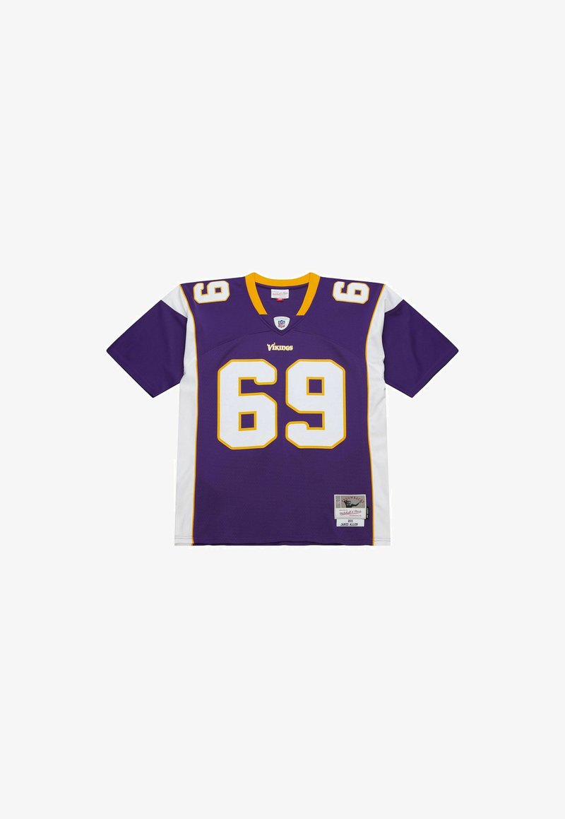 Minnesota Vikings football jersey, purple with white and yellow accents, number 69, name tag "Jared Allen" on front bottom hem.