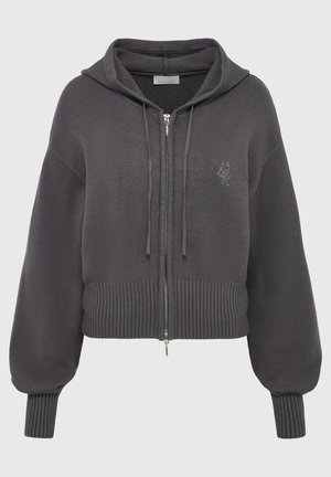 Dark gray knitted zip-up hoodie with long puffed sleeves, ribbed cuffs and hem, front drawstrings, and subtle embroidered logo on chest.