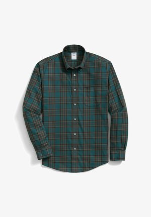 Camicia a quadri verdi realizzata in tessuto con una texture liscia. Presenta una chiusura frontale con bottoni, colletto e maniche lunghe con polsini. Accenti notevoli di rosso e giallo nel motivo.