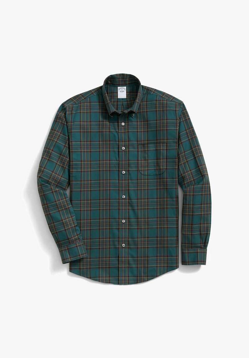 Groene geruite overhemd gemaakt van stof met een zachte textuur. Kenmerken van knoopsluiting aan de voorkant, kraag en lange mouwen met manchetten. Opvallende rode en gele accenten in het patroon.