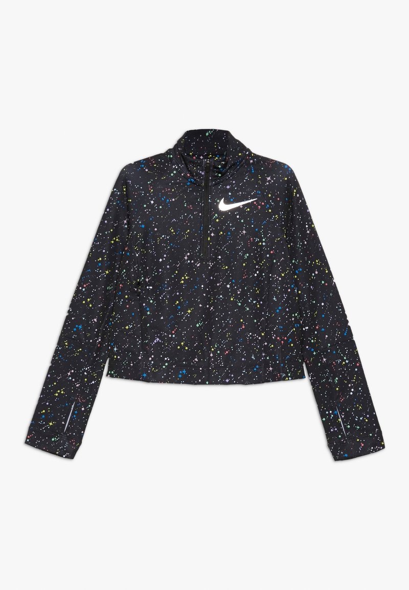 Schwarze Jacke mit Reißverschluss und buntem, verstreutem Farbspritzer-Muster, langen Ärmeln und hohem Kragen. Mit einem reflektierenden Nike-Logo auf der Vorderseite.