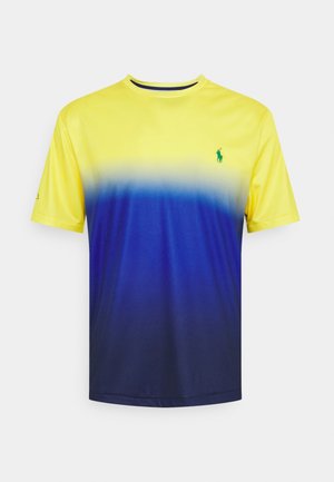 Short-sleeve crew neck shirt with a yellow-to-dark blue gradient and a small green embroidered logo on the upper left chest.