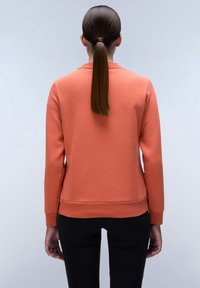 Gebrande oranje sweatshirt met een ronde halslijn, lange mouwen en een geribde zoom. De achtergrond is lichtgrijs, waardoor het kledingstuk wordt benadrukt.