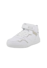 Sneaker bianca con tomaia in pelle testurizzata, dettagli grigi a contrasto, strap in Velcro e suola in gomma con motivo antiscivolo.