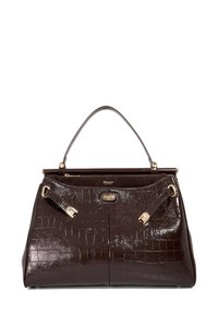 Brown patent leather handbag with a crocodile texture, a structured shape, gold hardware accents, and a top handle. Zippered closure.