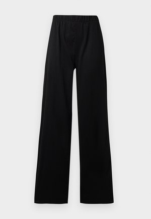 Pantaloni neri a gamba larga con vita elasticizzata; realizzati in tessuto testurizzato, con un design minimalista e gambe dritti.