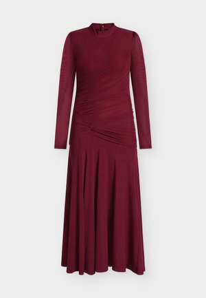 Burgundy, long-sleeve dress with a fitted bodice and flared skirt. Features ruching detail at the waist and a high neckline. Smooth fabric texture.
