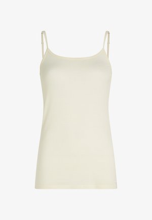 Camiseta sin mangas de color amarillo claro con tirantes delgados ajustables, tejido suave, diseño ajustado y dobladillo liso. Sin patrones ni adornos visibles.