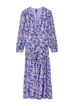 Abito floreale viola con maniche a sbuffo lunghe, scollatura a V e vita arricciata. Presenta motivi di foglie blu e lavanda su tessuto leggero.